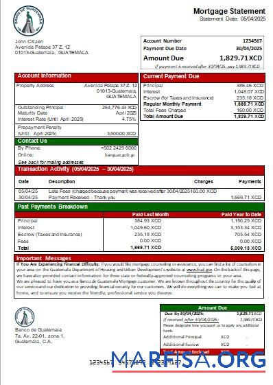 Printable Guatemala Banco de Guatemala bank mortgage statement scr example